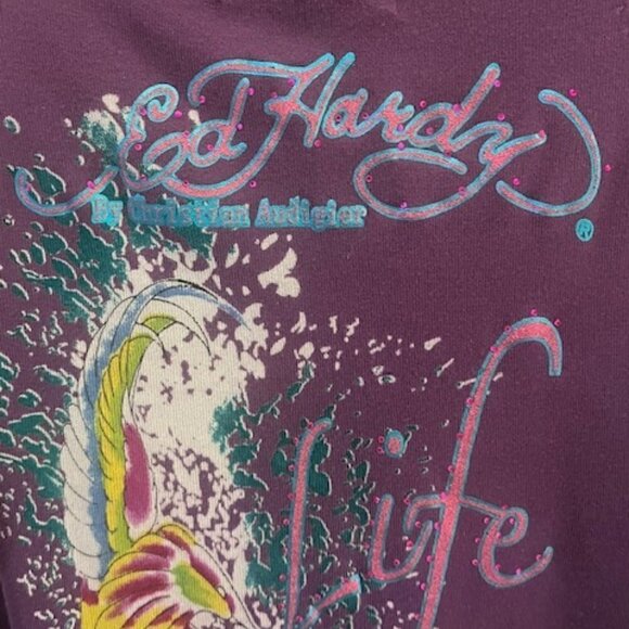 ED HARDY CHRISTIAN AUDUGIER SWEATER DRESS GRAPHIC PRINT RHINESTONES SIZE MEDIUM. - Picture 8 of 10
